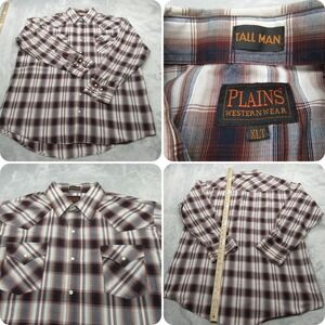 Plains Western Wear Pearl‎ Snap Shirt Mens XLT Tall Man Gray Burgundy Plaid VTG